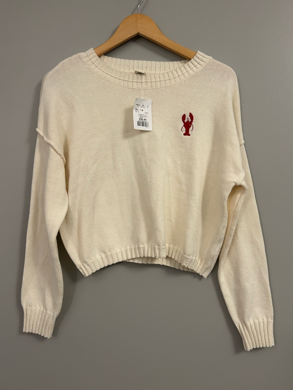 Happily Grey Cropped Cream Crewneck Sweater with Red Lobster Motif